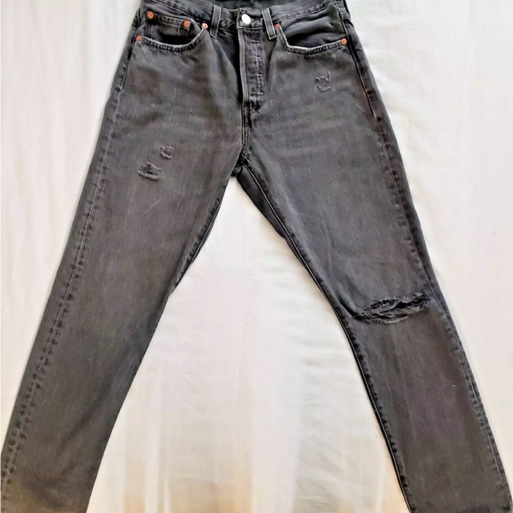 LEVI'S 501 Skinny Black Mail Stick Faded Distressed Ankle Denim Jeans W27/L28